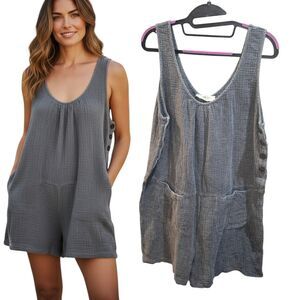 Labiz Sz L Anthropologie Gray Gauze Lagenlook Boho Beachy Pockets Shorts Romper